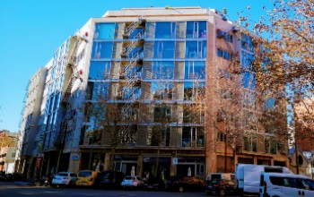 Front side of glass office building